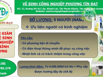 TUYỂN DỤNG GIÁM SÁT VỆ SINH CÔNG NGHIỆP Ở BÌNH DƯƠNG