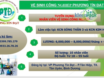 TUYỂN DỤNG NHÂN VIÊN VỆ SINH CÔNG NGHIỆP Ở BÌNH DƯƠNG